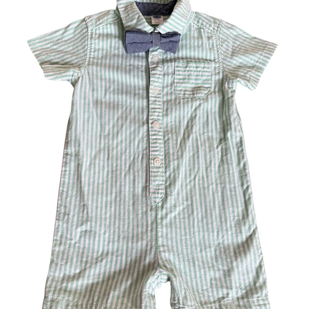 Striped Green and White Seersucker One Piece Boys Suit and Tie